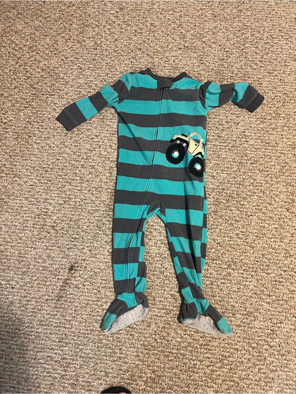 Carter's Teal & Gray Striped Footed Pajamas with Truck Patch